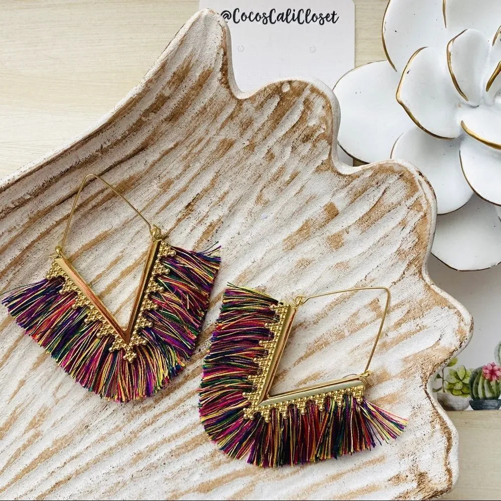Boho Multi Color Fringe Filigree Drop Earrings NWT
